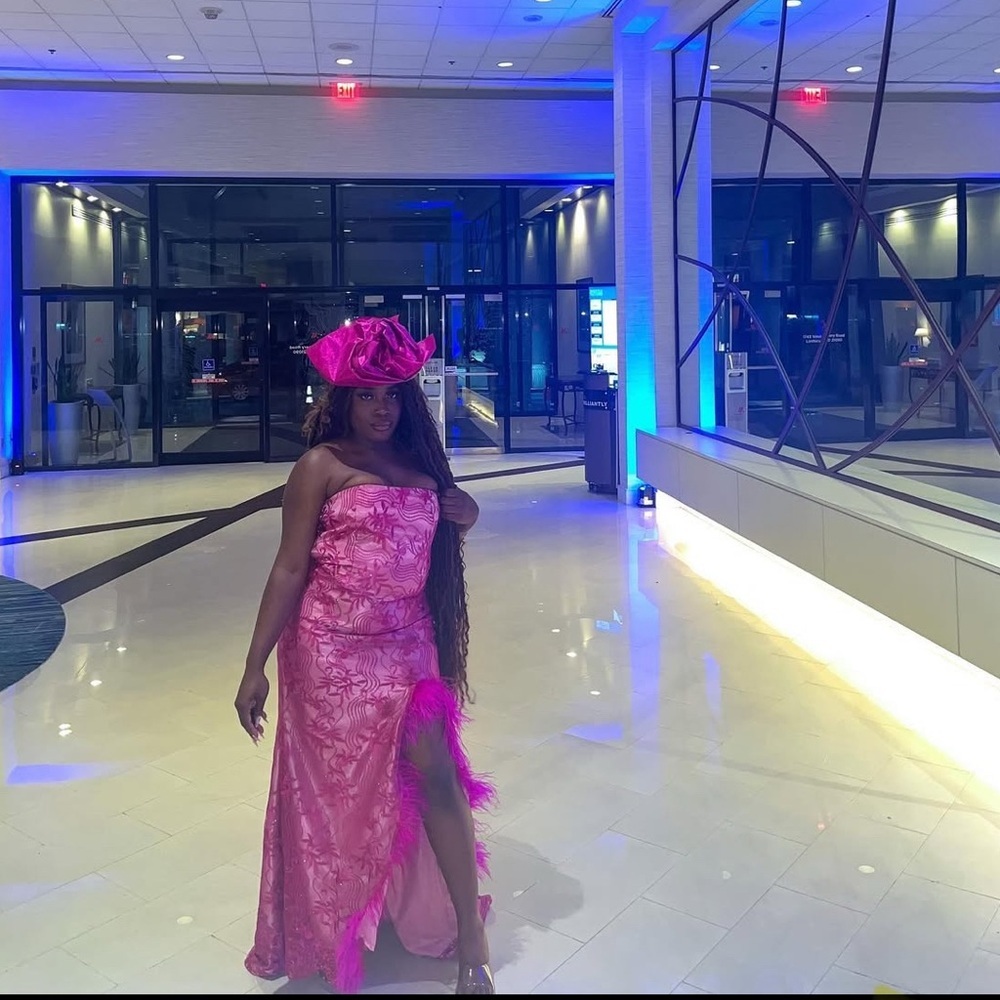 Elegant custom African Pink Strapless Gown formal maxi dress w/ Feather Accents